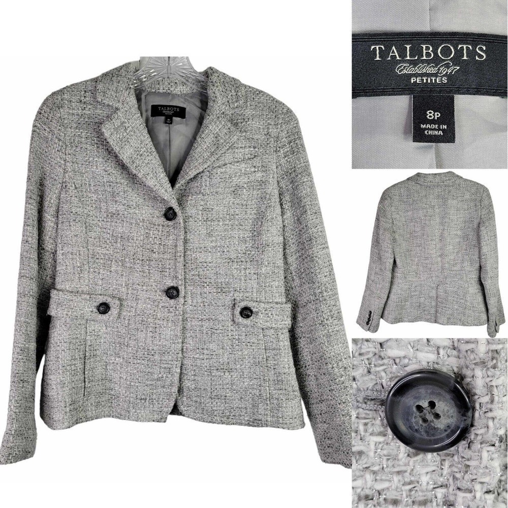 Talbots Blazer Jacket Womens Size 8p Petite Gray Two Button Tweed Metallic
